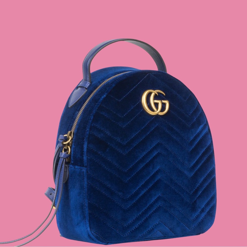 Gucci Velvet Matelasse GG Marmont Dome Backpack Royal Blue - Picture 2 of 8